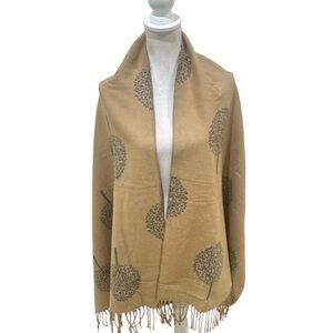 NWT Pretty Persuasions Tan/gray world tree Motif Fringe Shawl Wrap 100 x 25 in